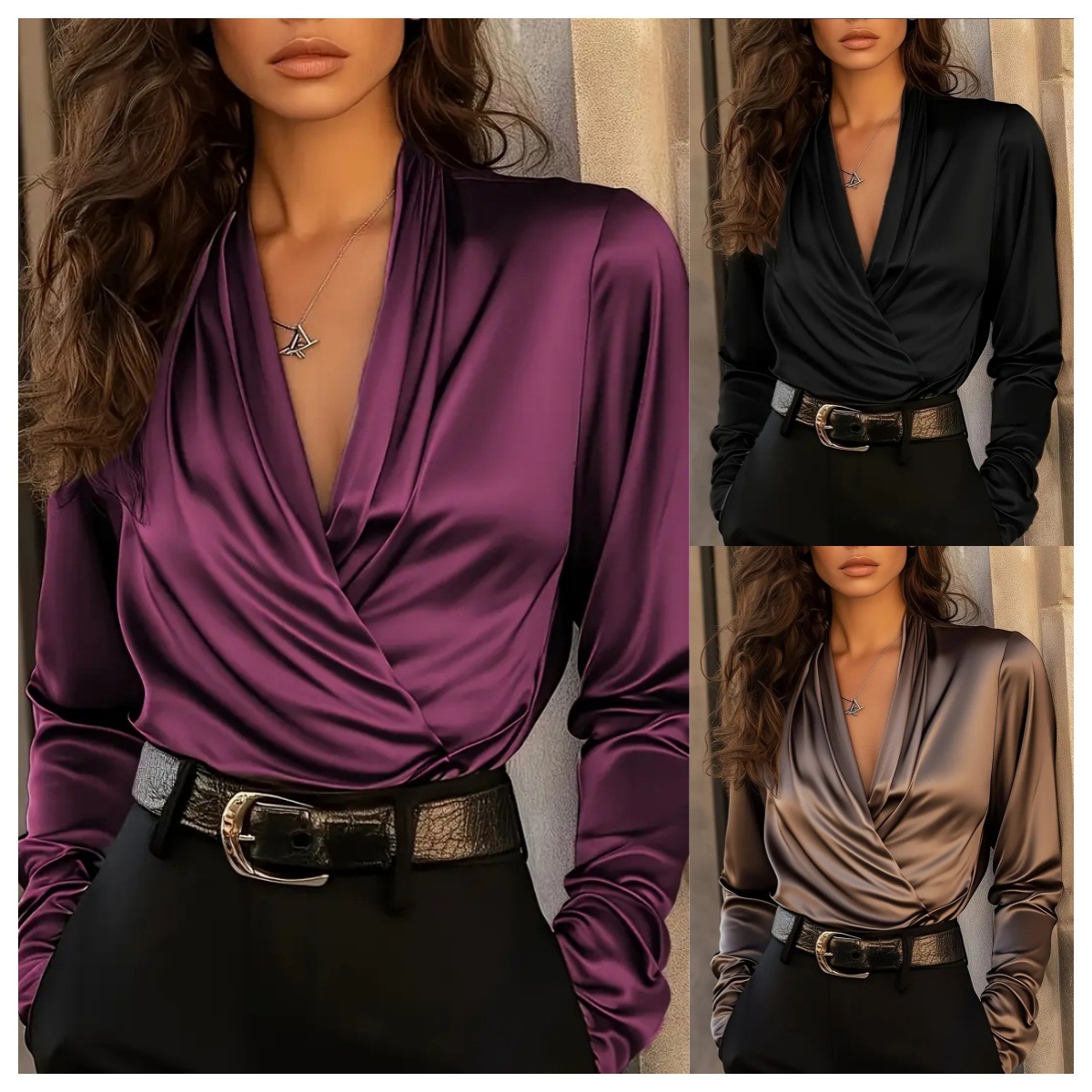 Women'S Formal Evening Wear Tops - Blus Satin Wanita Model Lilit V-Neck