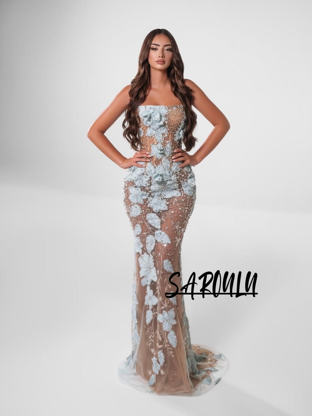 Women Formal Event Wear - Gaun Malam Bunga Biru Muda Romantis