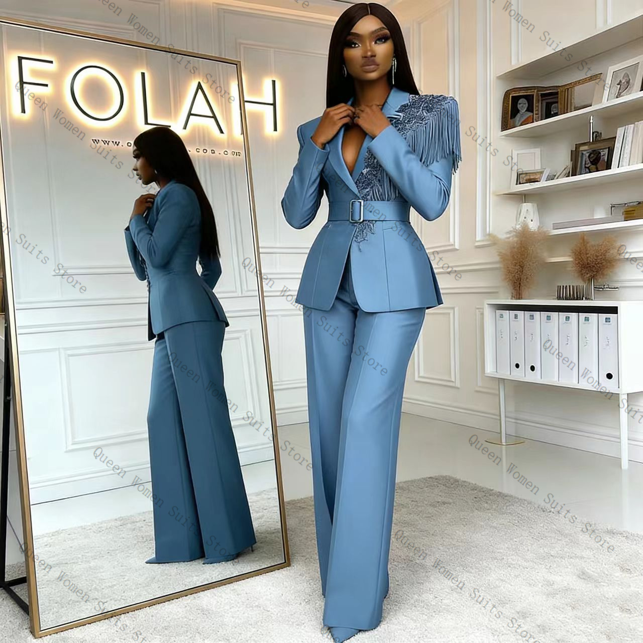 Women Formal Wear Coat - Setelan Celana Wanita Biru Rumbai 2