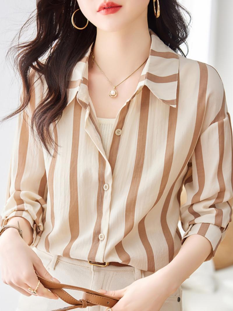 Women'S Formal Evening Wear Tops - Aprikot kemeja lengan panjang bergaris untuk
