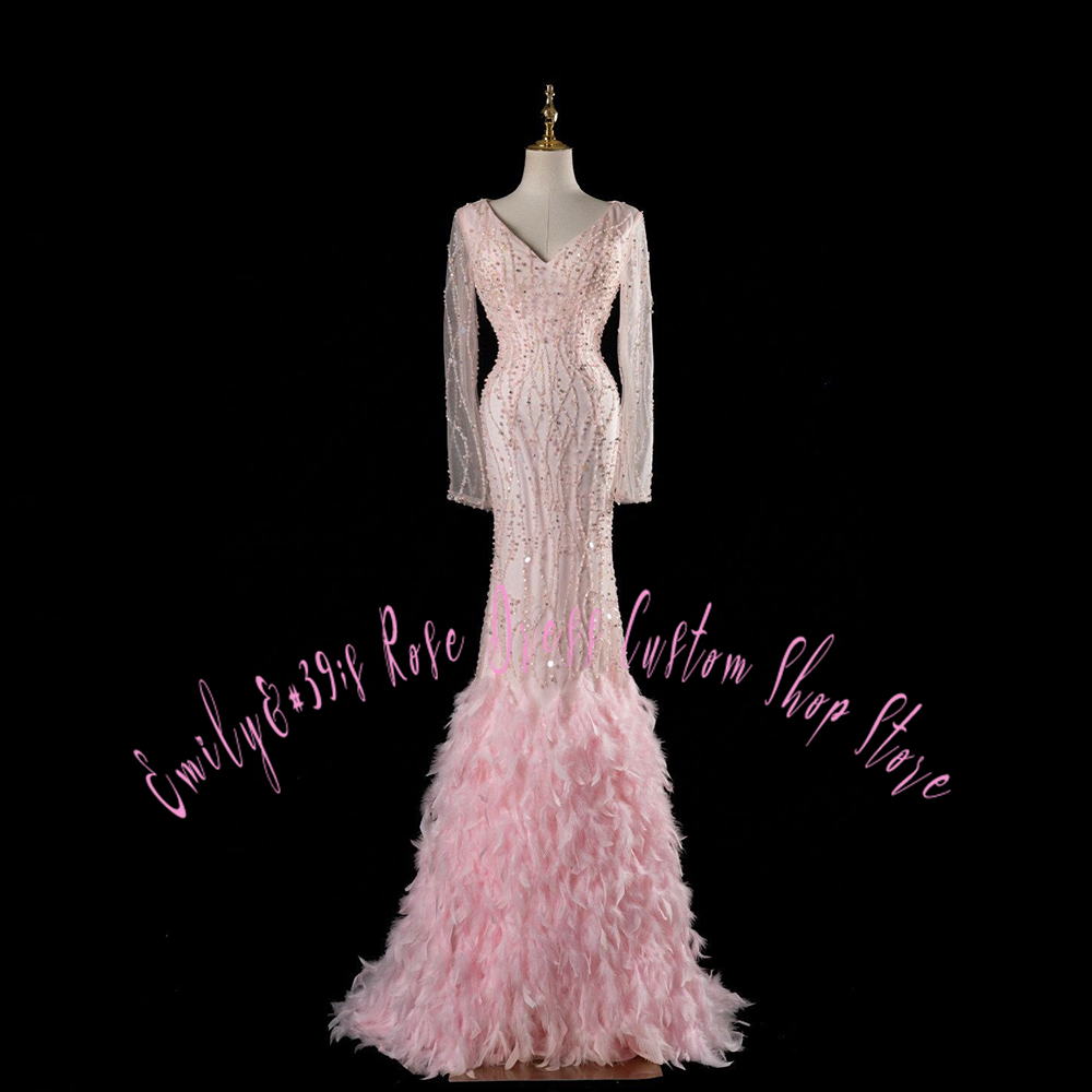 Women Formal Event Wear - Gaun Malam Glam Pink Feather Trumpet