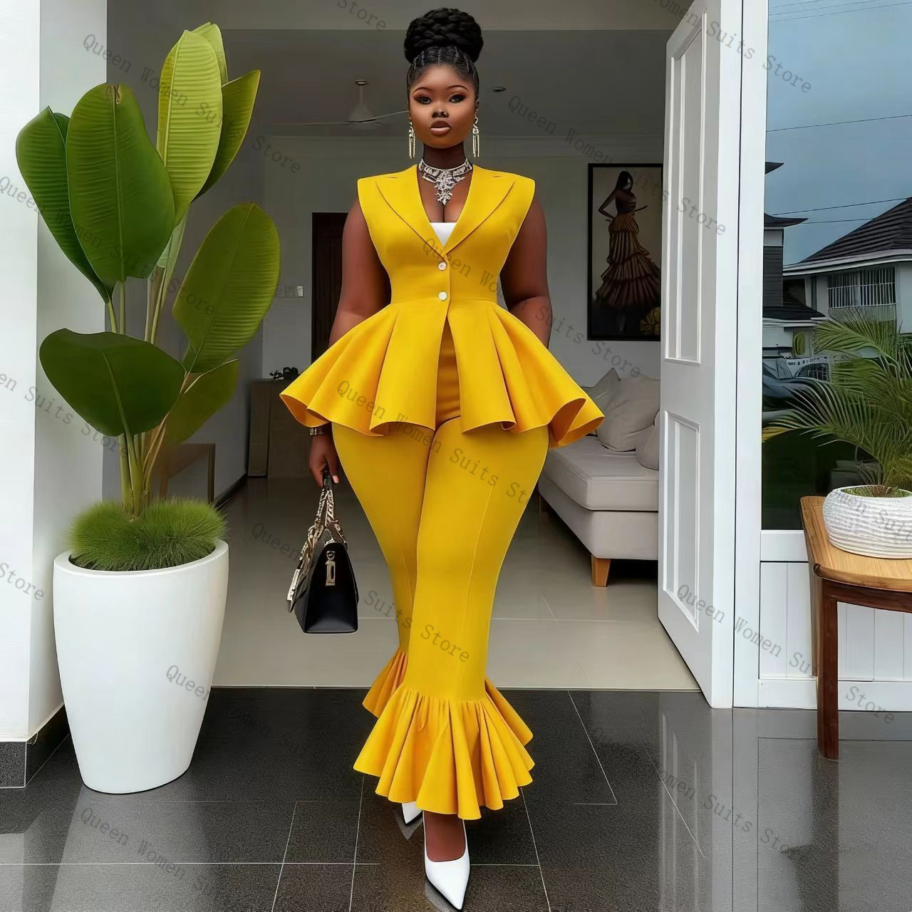 Setelan Celana Wanita Kuning 2 - Women Formal Wear Coat ulasan dan harga